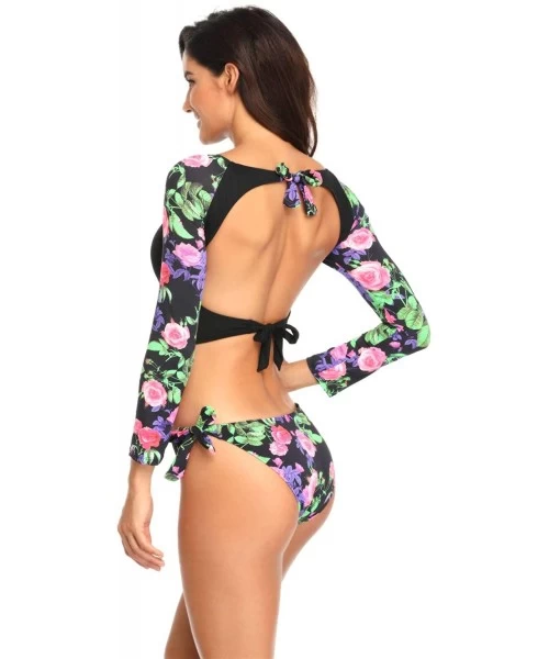 Rash Guards Women's Rash Guard Floral Long Sleeve 2piece Swimsuit Backless Tankini Lace Up Crop Tops - Flower - CU18NL5ZLG9