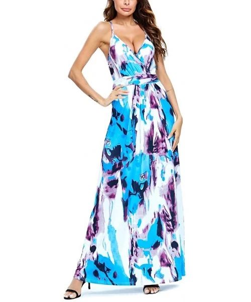 Cover-Ups Women V-Neck Sunflower Print Spaghetti Strap Beach Long Maxi Dresses - Light Blue - CS1908N0X66