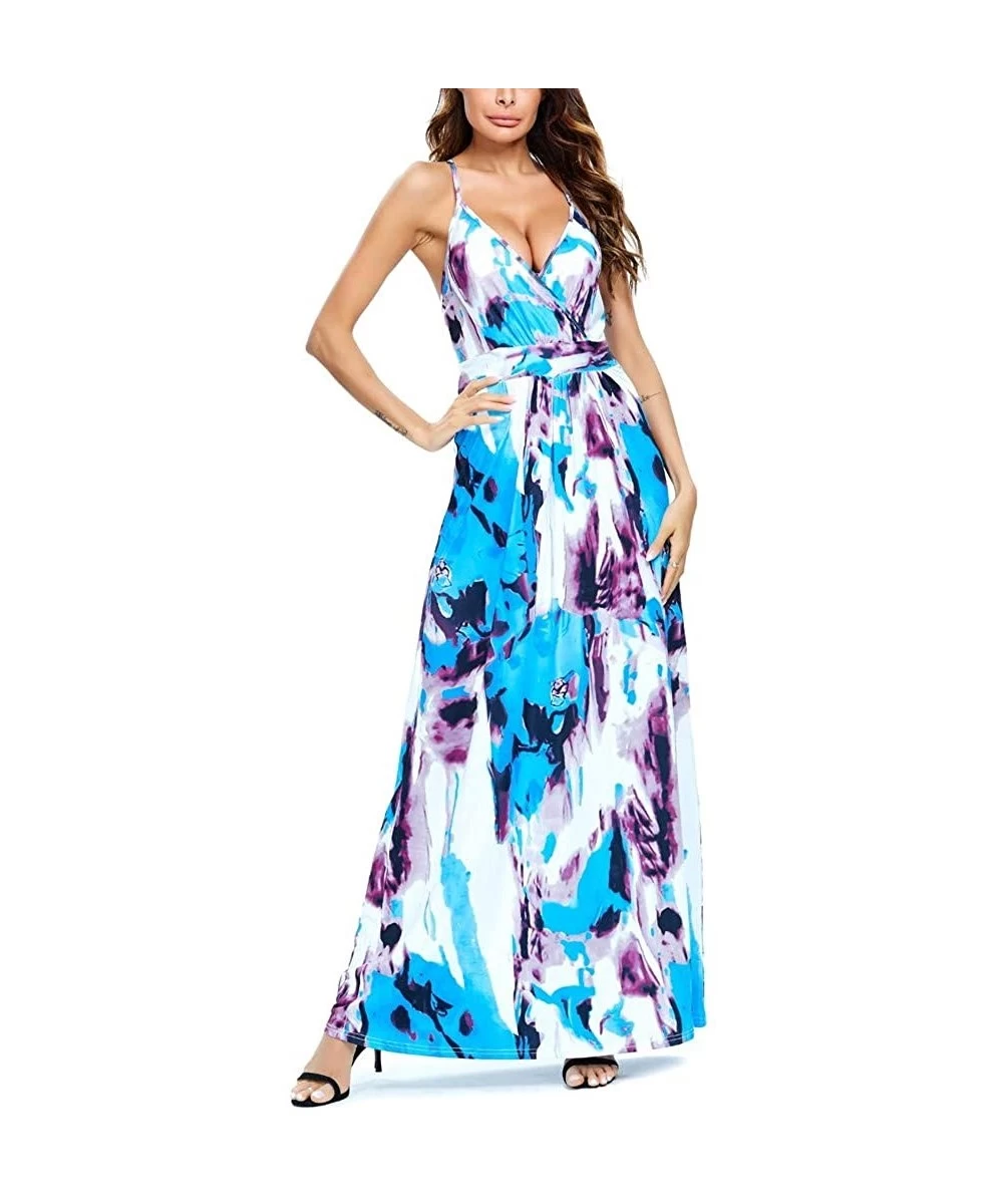 Cover-Ups Women V-Neck Sunflower Print Spaghetti Strap Beach Long Maxi Dresses - Light Blue - CS1908N0X66