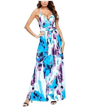 Cover-Ups Women V-Neck Sunflower Print Spaghetti Strap Beach Long Maxi Dresses - Light Blue - CS1908N0X66