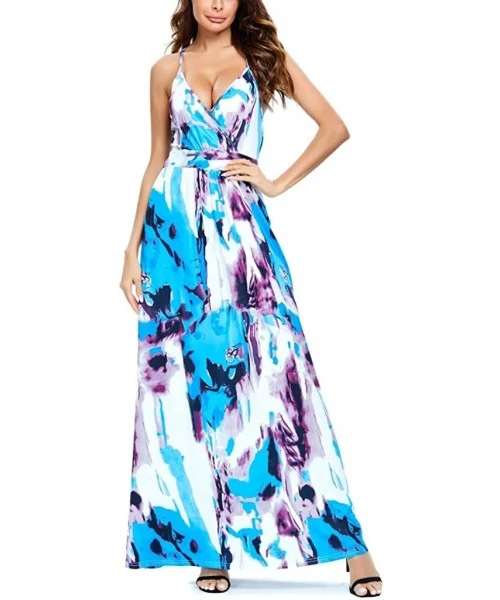 Cover-Ups Women V-Neck Sunflower Print Spaghetti Strap Beach Long Maxi Dresses - Light Blue - CS1908N0X66