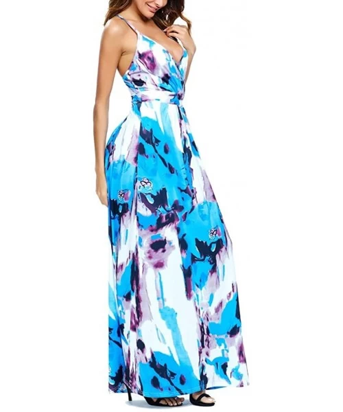 Cover-Ups Women V-Neck Sunflower Print Spaghetti Strap Beach Long Maxi Dresses - Light Blue - CS1908N0X66