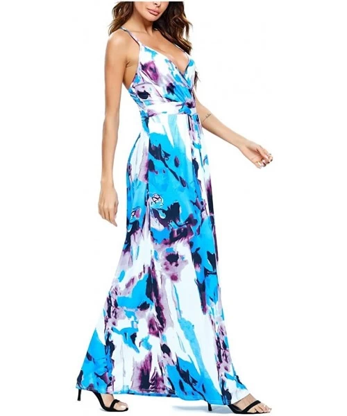 Cover-Ups Women V-Neck Sunflower Print Spaghetti Strap Beach Long Maxi Dresses - Light Blue - CS1908N0X66