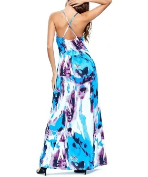 Cover-Ups Women V-Neck Sunflower Print Spaghetti Strap Beach Long Maxi Dresses - Light Blue - CS1908N0X66