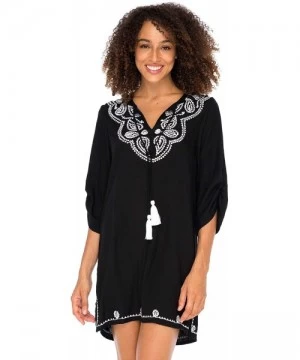 Cover-Ups Womens Boho Embroidered Loose Fit Tunic Dress V-Neck with Tassel Tie Casual Bohemian Swimsuit Cover Up - Black - CY...