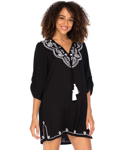 Cover-Ups Womens Boho Embroidered Loose Fit Tunic Dress V-Neck with Tassel Tie Casual Bohemian Swimsuit Cover Up - Black - CY...