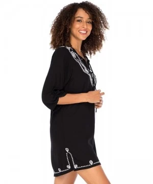 Cover-Ups Womens Boho Embroidered Loose Fit Tunic Dress V-Neck with Tassel Tie Casual Bohemian Swimsuit Cover Up - Black - CY...