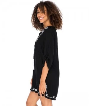 Cover-Ups Womens Boho Embroidered Loose Fit Tunic Dress V-Neck with Tassel Tie Casual Bohemian Swimsuit Cover Up - Black - CY...