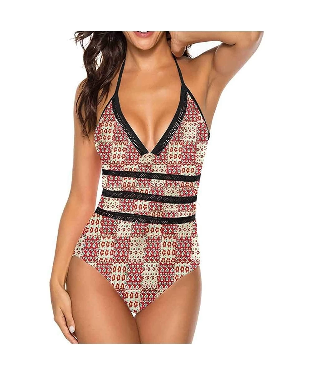 One-Pieces High Cut Bikini Set Swimsuit Diagonal Checks Pattern Adjustable to Fit Anyone - Multi 04 - CP19C23L8O9