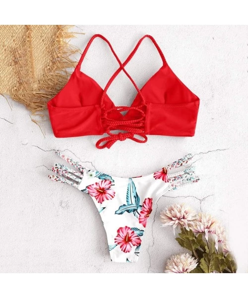 One-Pieces Swimsuits for Women Bikini High Waist-Women's Lace-up Floral Leaf High Waisted Tummy Control Two Piece Tankini Swi...