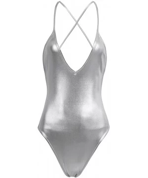 One-Pieces Women's Metallic One Piece Thong Monokini Bodycon Camisole Dance Leotard - Silver - C3188023LXI