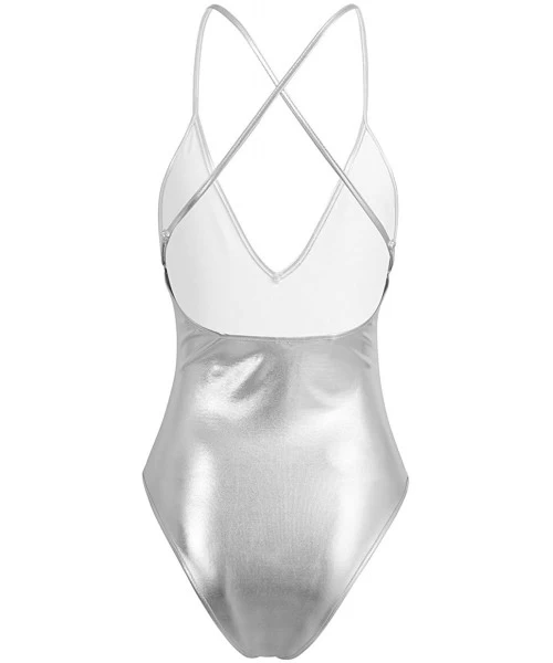 One-Pieces Women's Metallic One Piece Thong Monokini Bodycon Camisole Dance Leotard - Silver - C3188023LXI