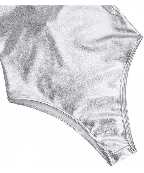 One-Pieces Women's Metallic One Piece Thong Monokini Bodycon Camisole Dance Leotard - Silver - C3188023LXI