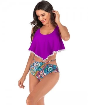 Bottoms Women Swimsuit Two Pieces Top Ruffled Backless Racerback with High Waisted Bottoms Multi Color Tankini Set 1 purple -...