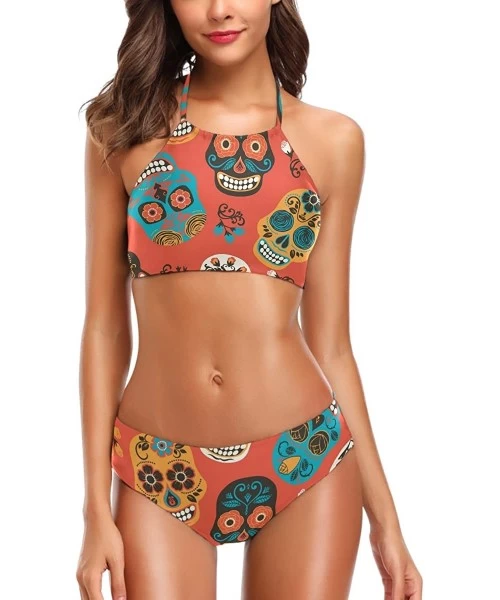 Racing Women Chic Summer Hot 2 Pcs Halter High Waist Padded Swimsuit Bathing Bikini Set - Sugar Skull - CD18GNTGOWH