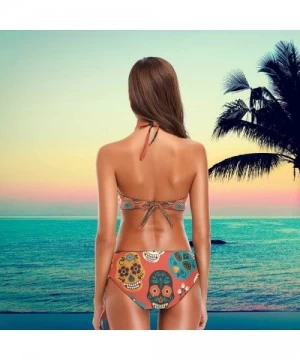 Racing Women Chic Summer Hot 2 Pcs Halter High Waist Padded Swimsuit Bathing Bikini Set - Sugar Skull - CD18GNTGOWH