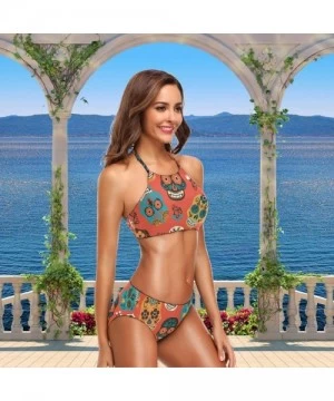 Racing Women Chic Summer Hot 2 Pcs Halter High Waist Padded Swimsuit Bathing Bikini Set - Sugar Skull - CD18GNTGOWH