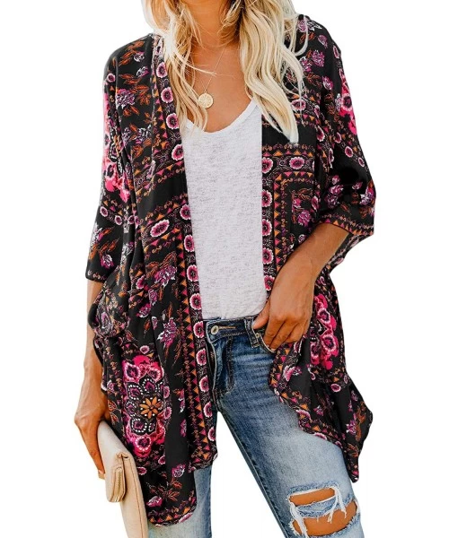 Cover-Ups Womens Fashion Print Kimono Tassel Casual Cardigan Loose Cover up - X Black - CP18TS69M0E