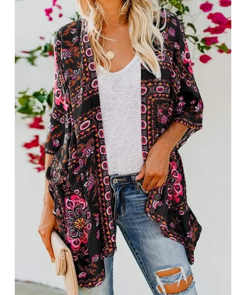 Cover-Ups Womens Fashion Print Kimono Tassel Casual Cardigan Loose Cover up - X Black - CP18TS69M0E