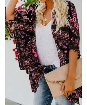 Cover-Ups Womens Fashion Print Kimono Tassel Casual Cardigan Loose Cover up - X Black - CP18TS69M0E