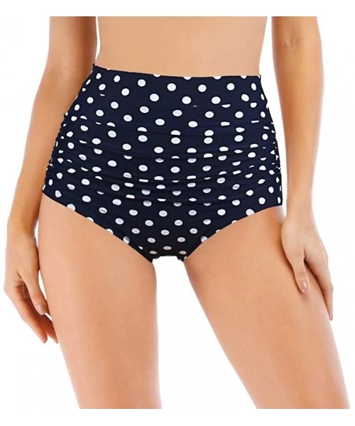 Bottoms Women's Retro Black High Waisted Bikini Bottom Ruched Swim Short Tankinis Briefs - Dark Blue Dot - CL198DUI7XZ