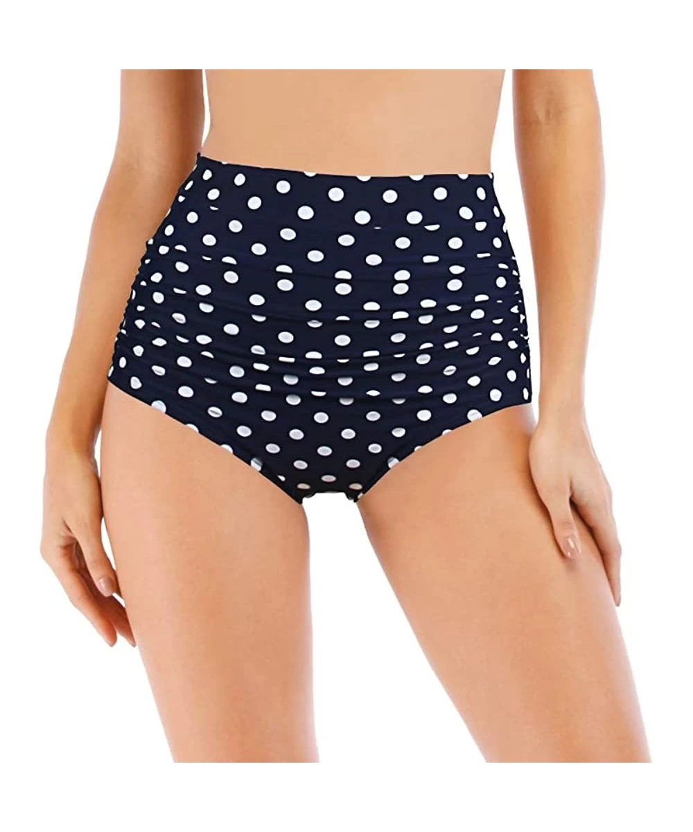 Bottoms Women's Retro Black High Waisted Bikini Bottom Ruched Swim Short Tankinis Briefs - Dark Blue Dot - CL198DUI7XZ