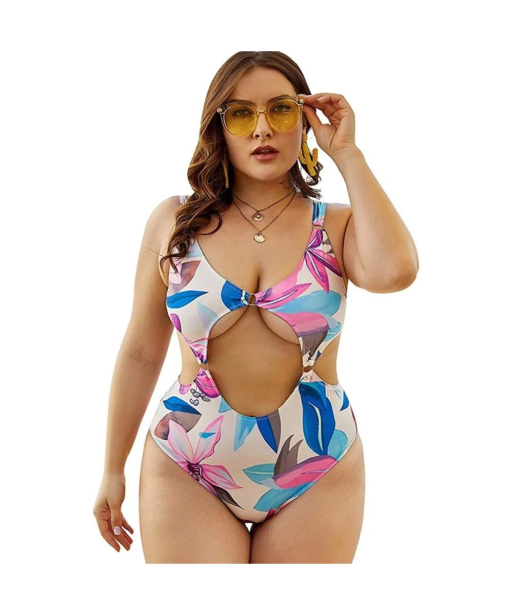 One-Pieces Womens Sexy Push-Up Padded Swimsuit with Tummy Control Boho Floral One Piece Monokini Bathing Suit - Plus-pink - C...