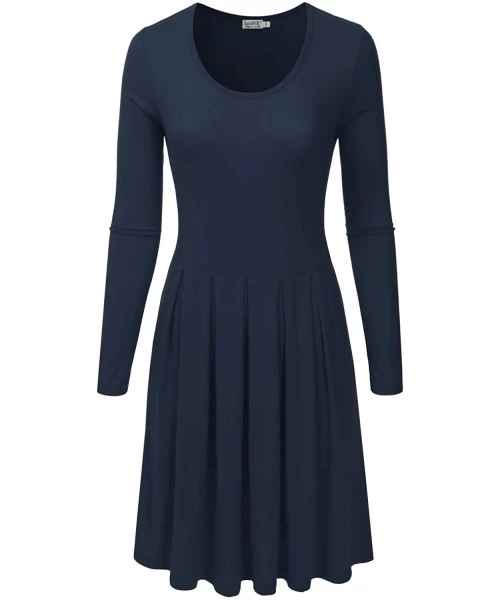 Cover-Ups Women's Long Sleeve Pleated Loose Swing Midi Dress with Pockets (XS-XXL) - Dbd005_navy - CM196XELGQE