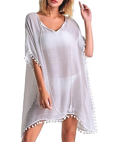 Cover-Ups Women's Swimsuit Cover ups Bathing Suit Tassel Kaftan Beach Dress for Swimwear - 03-white - C71944XWASW