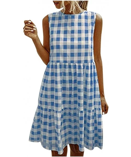 Cover-Ups Women Tunic Tops Dresses Lady Plaid Button Irregular Hem Sleeveless Evening Party Dress - Y-1 Blue - CK19CQD6UZC