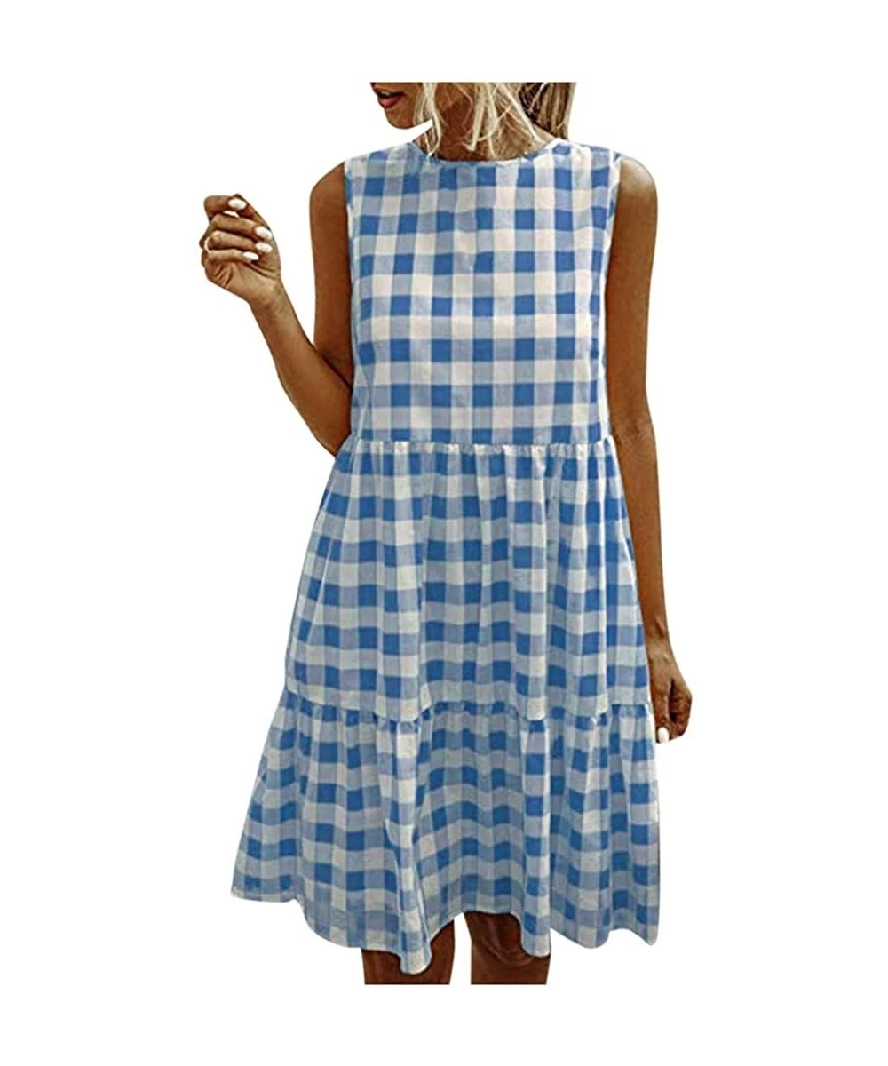 Cover-Ups Women Tunic Tops Dresses Lady Plaid Button Irregular Hem Sleeveless Evening Party Dress - Y-1 Blue - CK19CQD6UZC