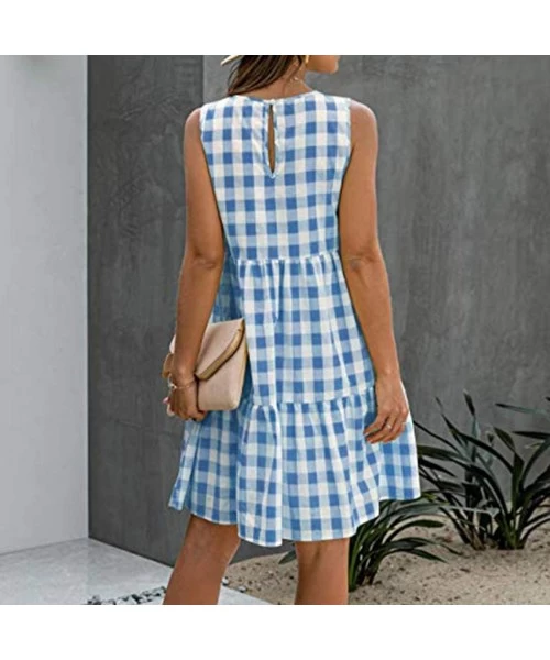 Cover-Ups Women Tunic Tops Dresses Lady Plaid Button Irregular Hem Sleeveless Evening Party Dress - Y-1 Blue - CK19CQD6UZC