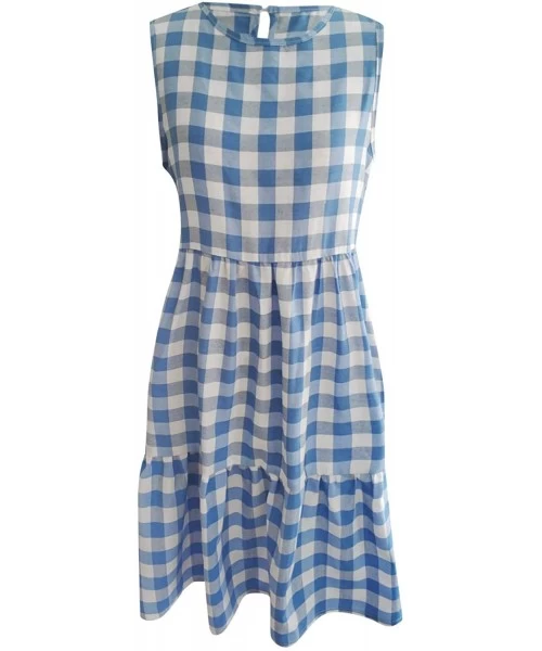 Cover-Ups Women Tunic Tops Dresses Lady Plaid Button Irregular Hem Sleeveless Evening Party Dress - Y-1 Blue - CK19CQD6UZC