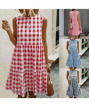 Cover-Ups Women Tunic Tops Dresses Lady Plaid Button Irregular Hem Sleeveless Evening Party Dress - Y-1 Blue - CK19CQD6UZC