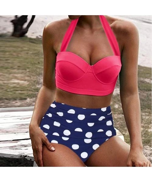 Racing Women's High Waist Bikini Swimwear Women's Vintage Print Beachwear Bikini Set Swimwear - C5-watermelon Red - CX196M2Z586