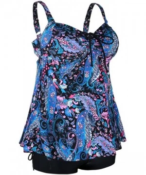 Sets Women's Plus Size Swimwear Floral Tankini Set Drawtring Modest Two Piece Swimsuit - Blue Leaves - CA12JI8MW2F