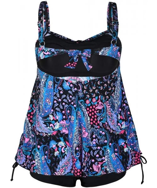 Sets Women's Plus Size Swimwear Floral Tankini Set Drawtring Modest Two Piece Swimsuit - Blue Leaves - CA12JI8MW2F