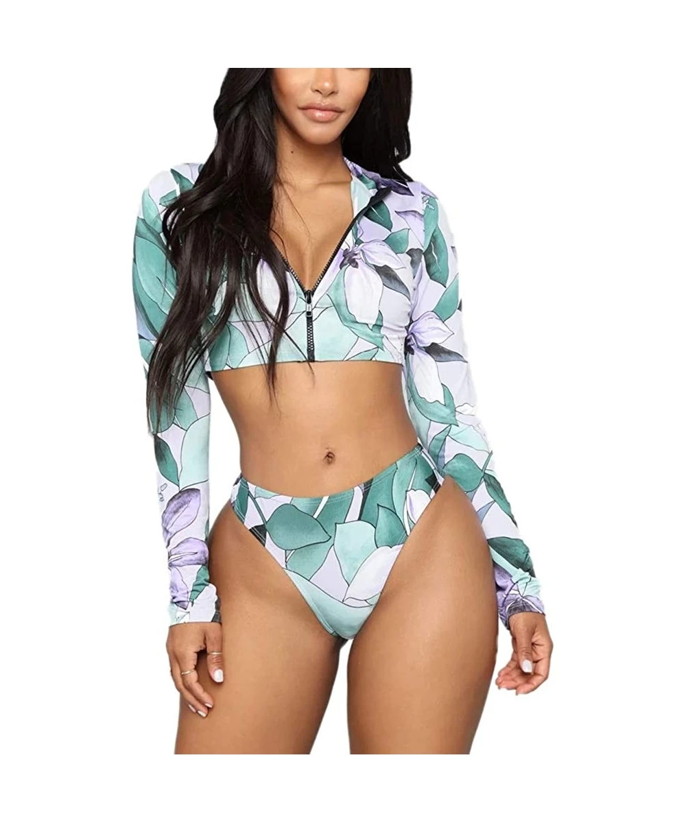 Sets Womens Long Sleeve Zipper Front high Waist Thong Bikini Set 2 Piece Swimsuit - Floral - CI19CGYGND9