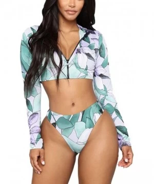 Sets Womens Long Sleeve Zipper Front high Waist Thong Bikini Set 2 Piece Swimsuit - Floral - CI19CGYGND9