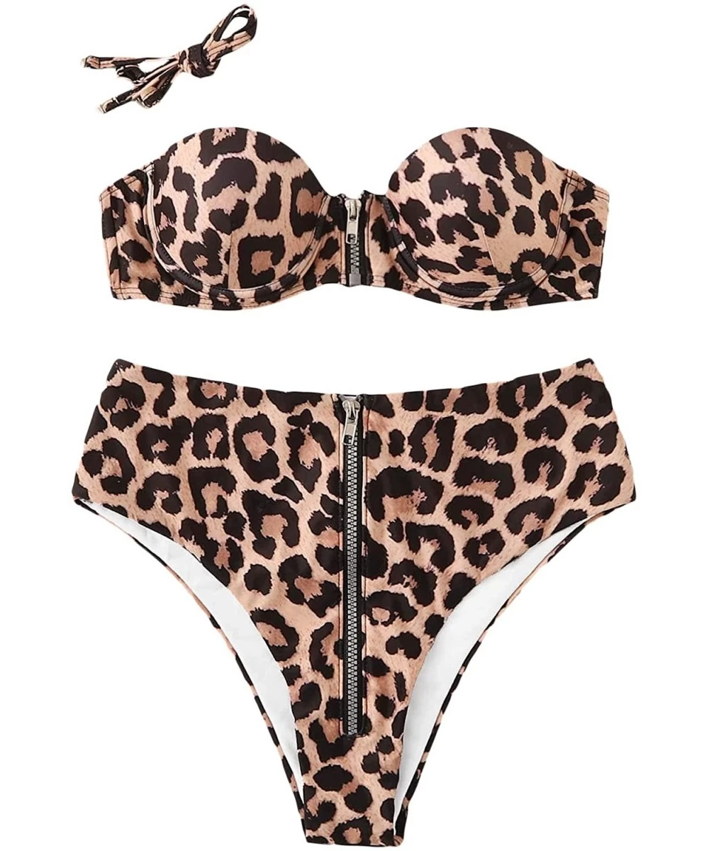 One-Pieces Women Sexy 2PCS Leopard Swimsuit Underwire Push Up Zipper Badeau with High Waisted Panty Bikini Set Swimwear Yello...