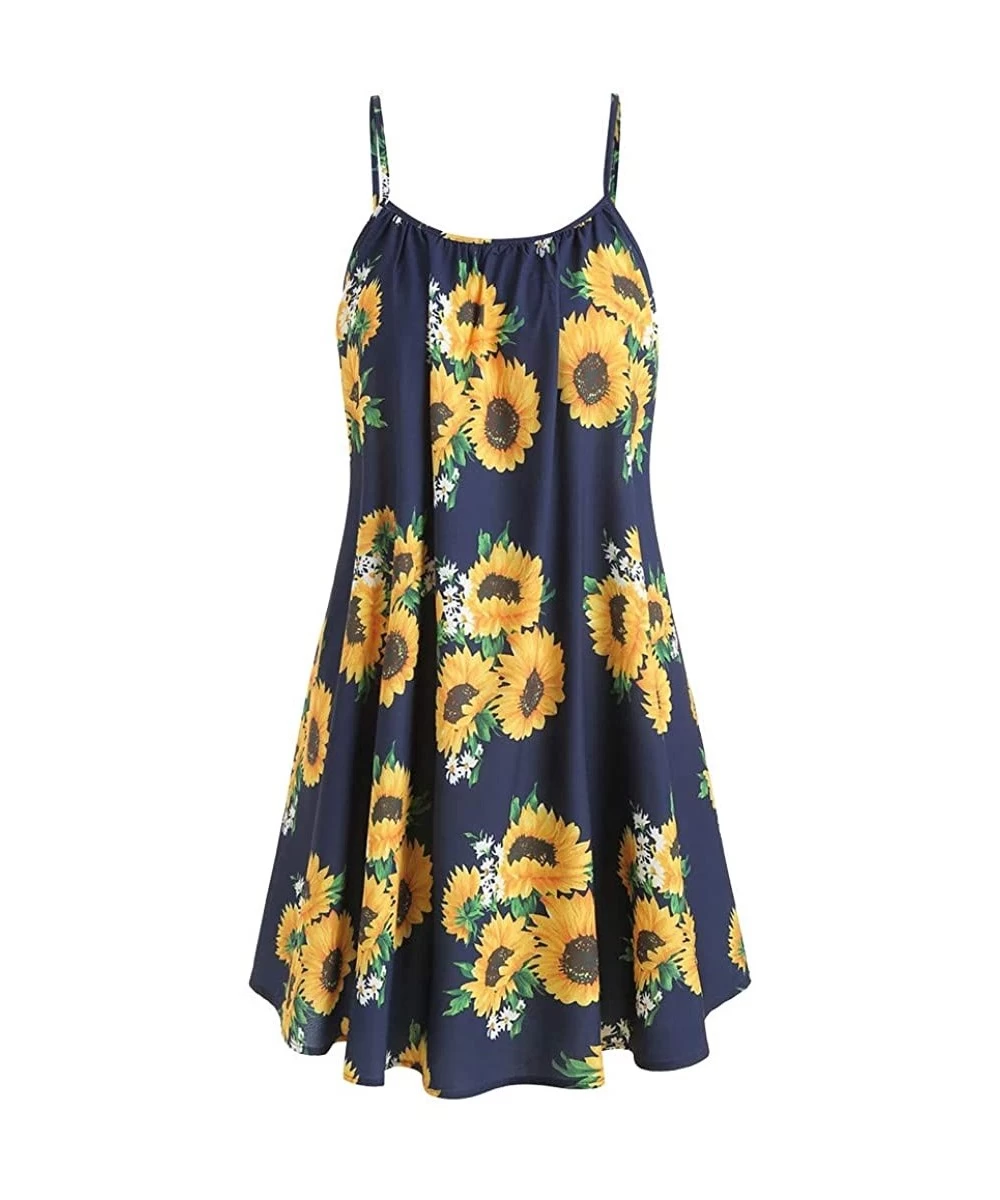 One-Pieces Women's Vintage Sunflower Print Skater Dress Short Sleeve Bow Knot Crop Top Sets - Navy 2 - CA18T50LISL