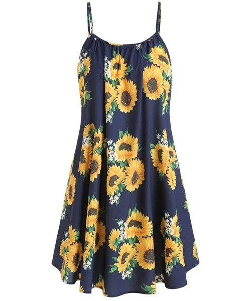 One-Pieces Women's Vintage Sunflower Print Skater Dress Short Sleeve Bow Knot Crop Top Sets - Navy 2 - CA18T50LISL