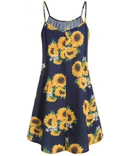 One-Pieces Women's Vintage Sunflower Print Skater Dress Short Sleeve Bow Knot Crop Top Sets - Navy 2 - CA18T50LISL