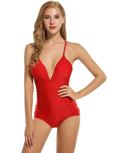 One-Pieces Womens Vintage One Piece Swimsuit Halter Padded Ruched Bathing Suit Floral Painted Swimwear - Red3 - CK18G9SQU5Z