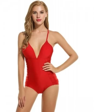 One-Pieces Womens Vintage One Piece Swimsuit Halter Padded Ruched Bathing Suit Floral Painted Swimwear - Red3 - CK18G9SQU5Z