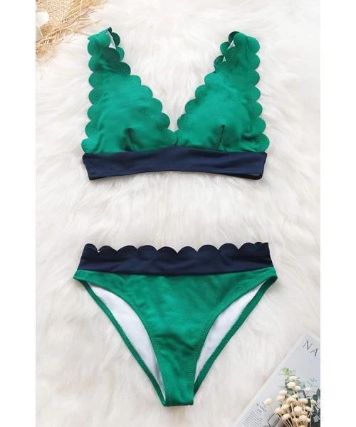 Sets Women's Green Navy Scalloped V Neck Back Hook Bikini Sets - Green Navy - CU18Z484UI8