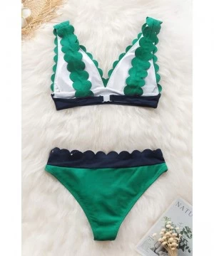 Sets Women's Green Navy Scalloped V Neck Back Hook Bikini Sets - Green Navy - CU18Z484UI8