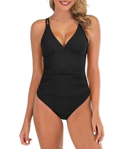 One-Pieces Womens One Piece Swimsuits V Neck Tummy Control Swimwear Slimming Cross Back Bathing Suits - 1 Black - C4199QZS86Q