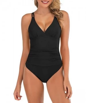 One-Pieces Womens One Piece Swimsuits V Neck Tummy Control Swimwear Slimming Cross Back Bathing Suits - 1 Black - C4199QZS86Q