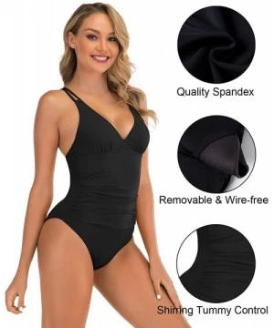 One-Pieces Womens One Piece Swimsuits V Neck Tummy Control Swimwear Slimming Cross Back Bathing Suits - 1 Black - C4199QZS86Q